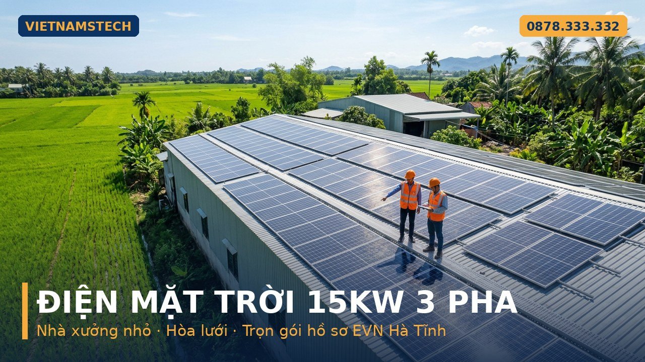 điện mặt trời 15kW 3 pha trên mái nhà xưởng Hà Tĩnh Vietnamstech hotline 0878 333 332