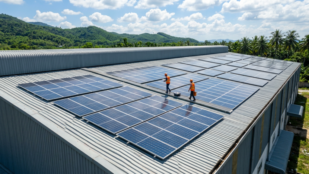 điện mặt trời 30kW 3 pha trên mái tôn kho xưởng Hà Tĩnh Vietnamstech hotline 0878 333 332