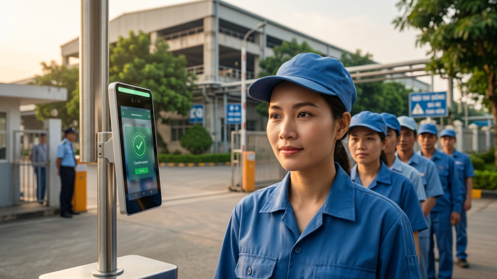 máy chấm công khuôn mặt tại cổng nhà xưởng Hà Tĩnh Vietnamstech hotline 0878 333 332