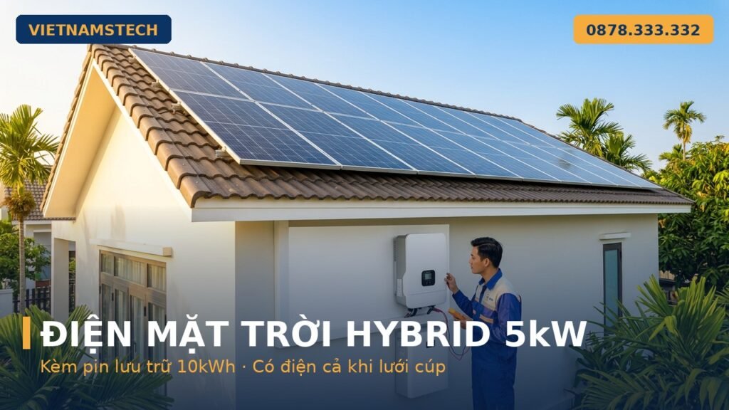 Điện mặt trời hybrid 5kW kèm pin lưu trữ 10kWh lắp đặt tại Hà Tĩnh hotline 0878 333 332